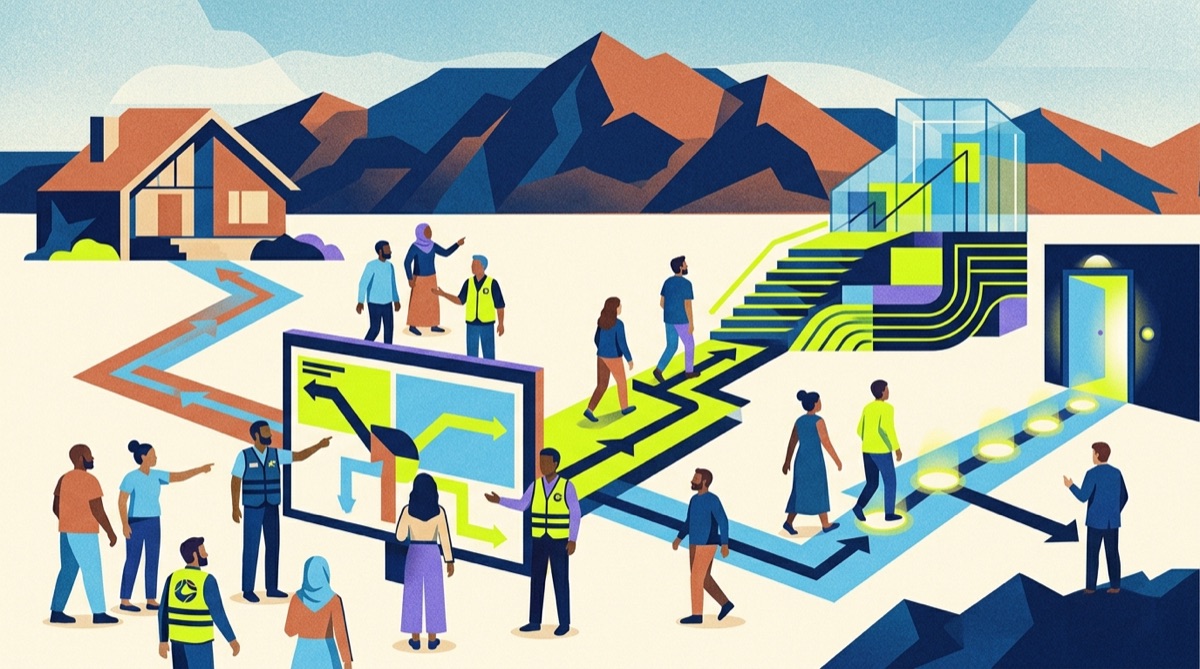 Illustrated Utah community connected by colorful wayfinding routes