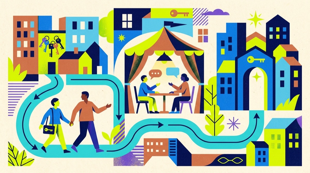 Illustrated housing route connecting residents with a community advocate