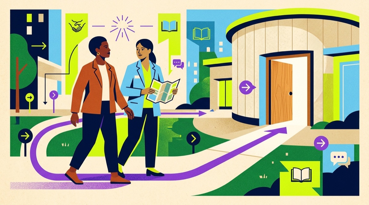 Illustrated survivor and community advocate approaching a safe doorway